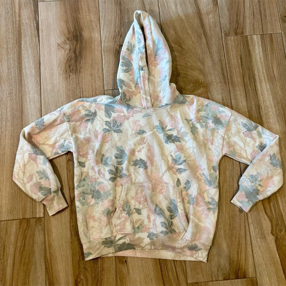 Abercrombie Kids Hoodie Youth 15/16 Beige Leaf Camo Pullover Kangaroo